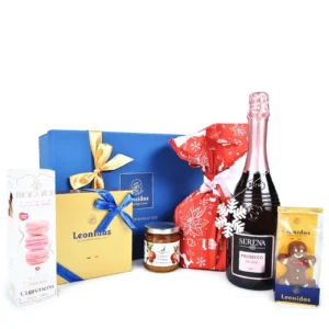 Cutie praline asortate Heritage Blue S, Lonidas, Belgia - 9 praline Fursecuri macaron Caterina de’Medici Cuorenero, Italia - 42g Dulceață portocale/cireșe amare Heritier, Belgia - 215g Panettone 100% unt protocală confiată/pepite ciocolată, Italia - 500g Figurină ciocolată belgiană Leonidas, Belgia - 30-50g Prosecco Rose Terra Serena DOC, Italia - 0,75l Decorațiune Crăciun Cutie cadou Leonidsa Heritage L cu fundă asortată