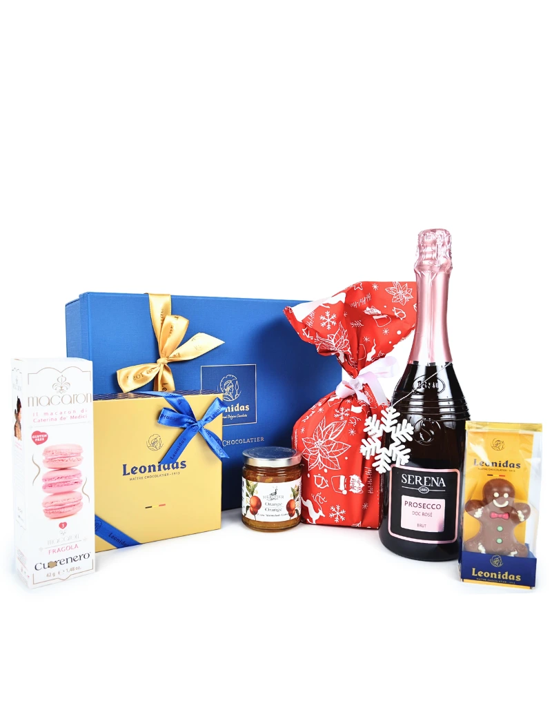 Cutie praline asortate Heritage Blue S, Lonidas, Belgia - 9 praline Fursecuri macaron Caterina de’Medici Cuorenero, Italia - 42g Dulceață portocale/cireșe amare Heritier, Belgia - 215g Panettone 100% unt protocală confiată/pepite ciocolată, Italia - 500g Figurină ciocolată belgiană Leonidas, Belgia - 30-50g Prosecco Rose Terra Serena DOC, Italia - 0,75l Decorațiune Crăciun Cutie cadou Leonidsa Heritage L cu fundă asortată